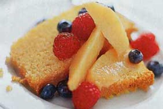 Almond Cornmeal Cake with Peach and Berry Compote