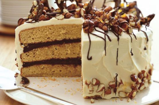 Almond Praline Cake with Mascarpone Frosting and Chocolate Bark