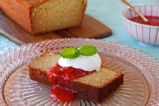 Almond Ricotta Pound Cake with Strawberry Rhubarb Compote