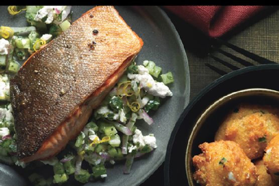 Arctic Char with Cucumber-Feta Relish and Jalapeño-Goat Cheese Hush Puppies