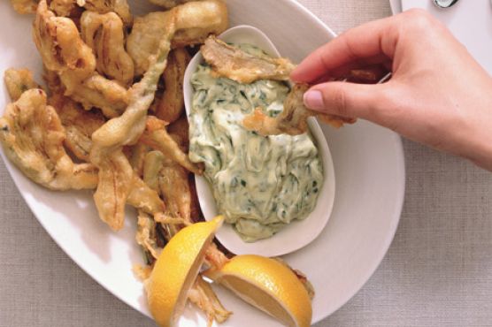 Artichoke Fritters with Green Goddess Dipping Sauce