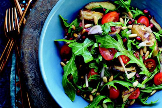 Arugula Salad with Roasted Eggplant and Sweet Pomegranate Dressing