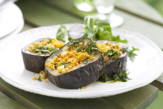 Aubergine with spicy apricot tabbouleh