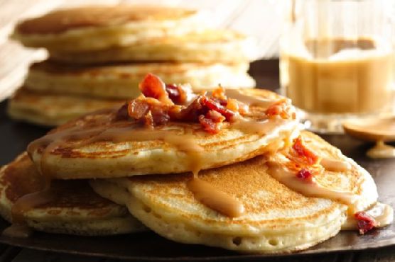 Bacon Pancakes with Maple-Peanut Butter Syrup