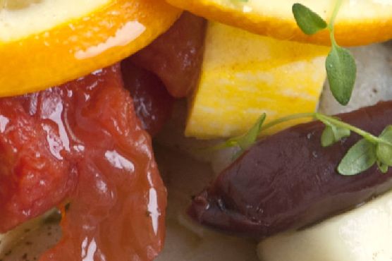 Baked Halibut with Zucchini, Olives, Tomatoes and Oranges