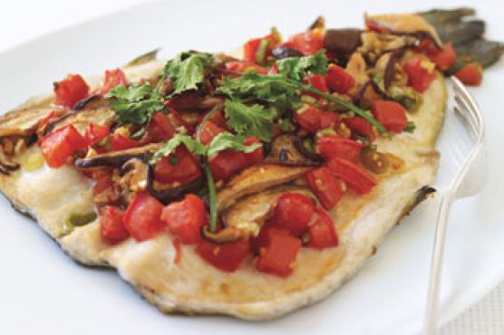 Baked Trout with Shiitake Mushrooms, Tomatoes, and Ginger