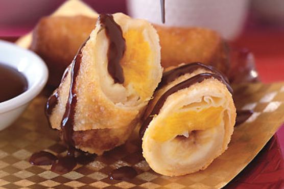 Banana and Mango Spring Rolls with Coconut-Chocolate Ganache