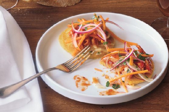 Barbecue Chicken Hoecakes with Vinegar Slaw