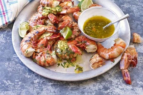 Barbecued prawns with chilli, lime & coriander butter