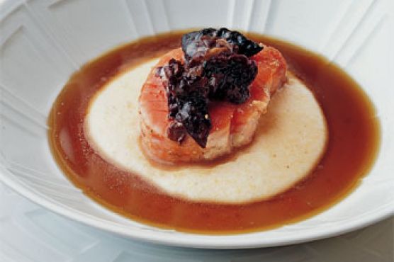 Barely Cooked Salmon with Parmesan Polenta and Mushroom Consommé