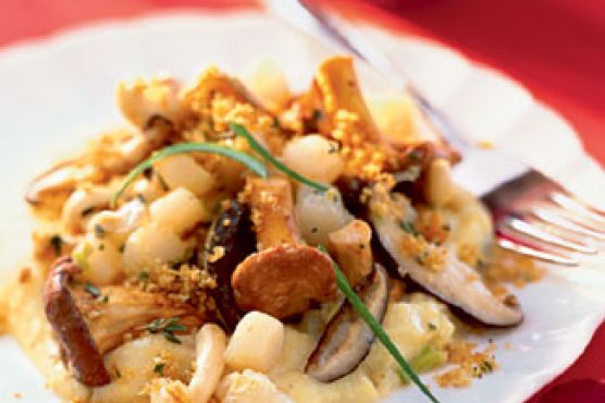 Bay Scallops with Polenta, Wild Mushrooms, Sherry, and Parsley Bread Crumbs
