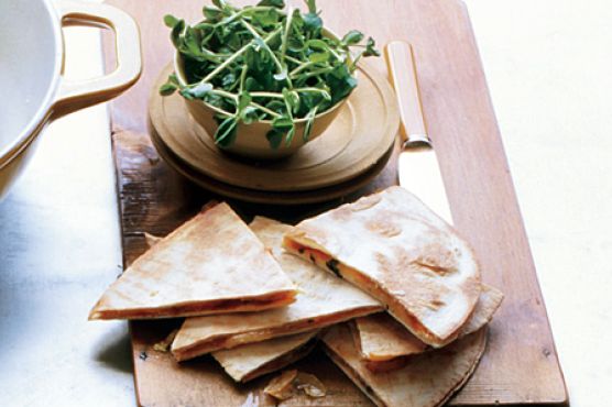 Bbq Onion and Smoked Gouda Quesadillas with Pea Shoot Mini Salad