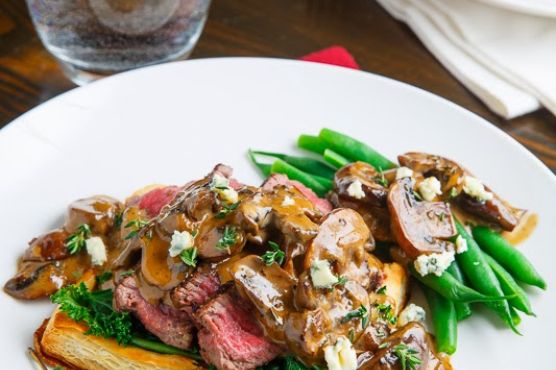 Beef Wellington Tarts with Mushroom Blue Cheese Sauce