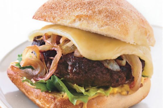 Bison Burgers with Cabernet Onions and Wisconsin Cheddar