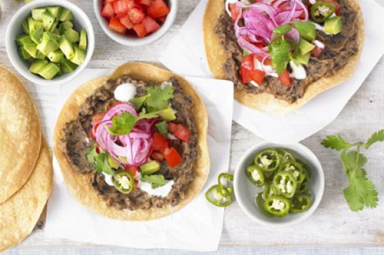 Black bean tostadas with avocado salsa