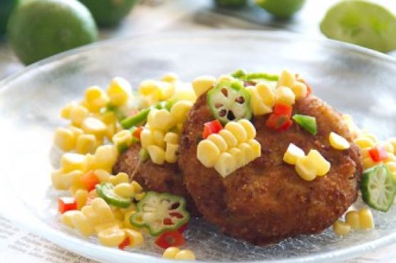 Blue Crab Cakes with Raw Corn, Okra and Key Lime Succotash