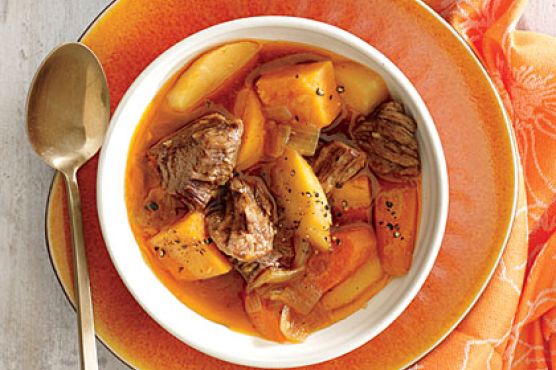 Braised Beef with Onion, Sweet Potato, and Parsnip