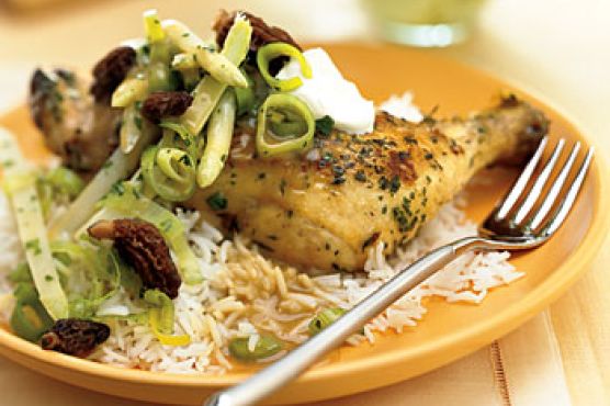 Braised Chicken with White Asparagus and Morel Sauté with Crème Fraîche