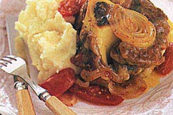 Braised Veal Shanks with Mashed Potatoes and Tomato Onion Jus