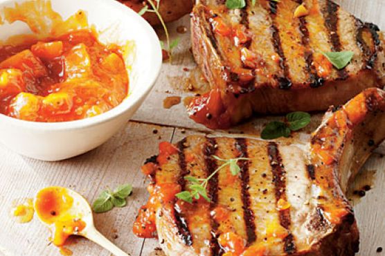 Brown Sugar Pork Chops with Peach Barbecue Sauce