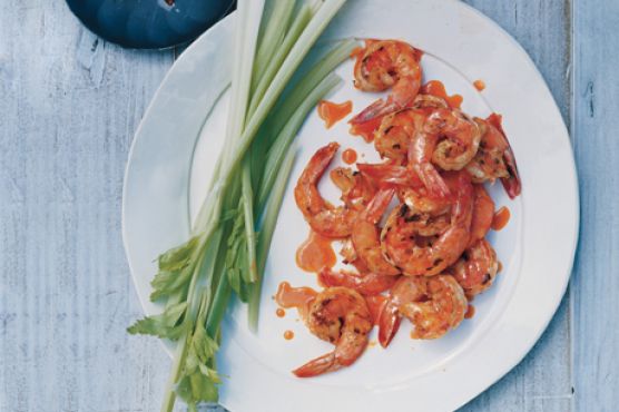 Buffalo Grilled Shrimp with Blue Cheese Dip and Celery