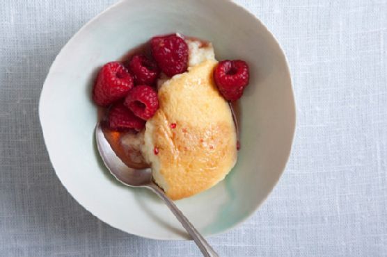 Buttermilk Pudding Cake with Maple Raspberries
