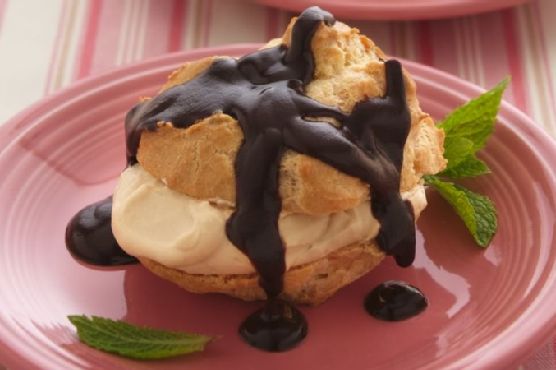 Caramel Cream Puffs with Chocolate-Peanut Butter Sauce