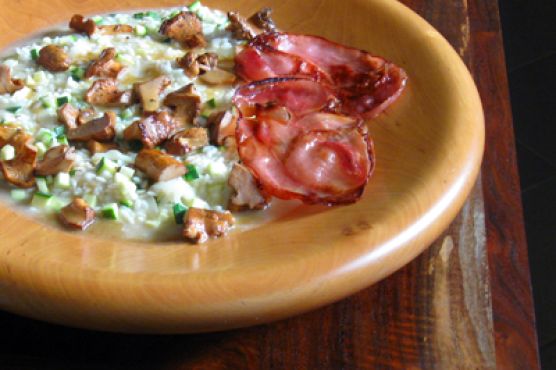 Chanterelle Risotto with Zucchini and Fried Prosciutto