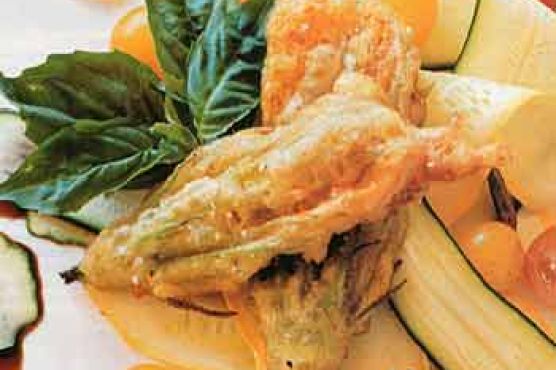 Cheese-Stuffed Squash Blossoms with Shaved Baby Squash and Toasted Pumpkin Seeds