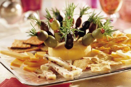 Cheese Tray with Olive Rosemary Skewers