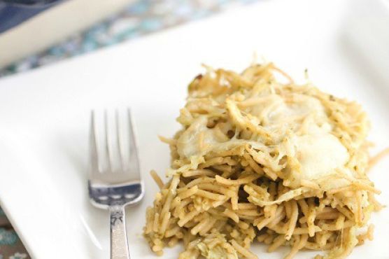 Cheesy Pesto Chicken Spaghetti Bake