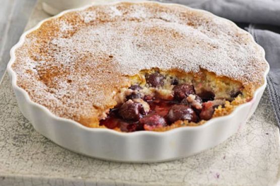 Cherry & almond sponge with pistachio crème fraîche