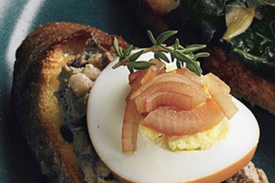 Chicken Liver Crostini with Pickled Eggs