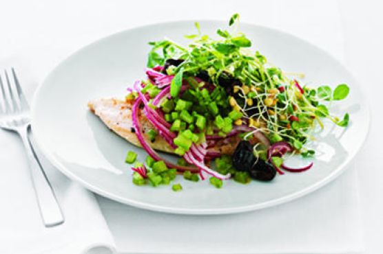Chicken Paillard with Black Olive and Sprout Salad
