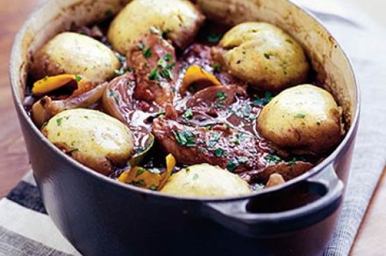 Chicken & red wine casserole with herby dumplings