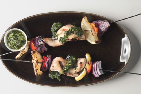 Chicken Skewers with Tarragon-Pistachio Pesto