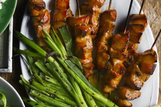 Chicken teriyaki skewers with griddled spring onions