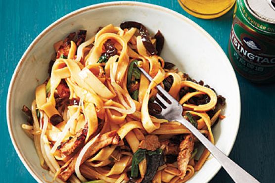 Chinese Wide Noodles with Barbecue Pork and Dried Mushrooms