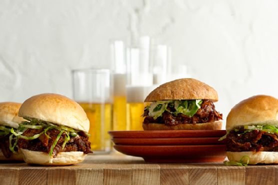 Chipotle Barbecue Pulled Turkey Drumstick Sliders with Brussels Spout Slaw