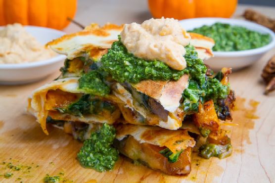 Chipotle Roasted Pumpkin, Mushroom and Kale Quesadillas with Chipotle Pumpkin Crema and Kale Salsa