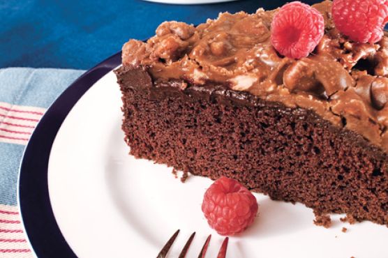 Chocolate Cake with Ganache and Praline Topping