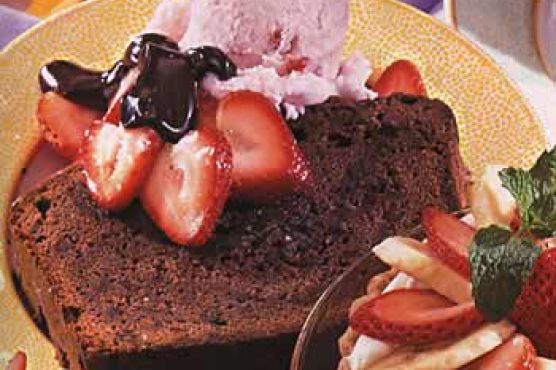 Chocolate Pound Cake with Strawberry Ice Cream and Bittersweet Chocolate Sauce
