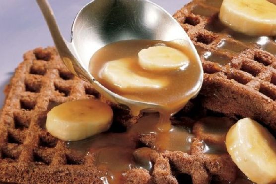 Chocolate Waffles with Caramel-Banana Topping