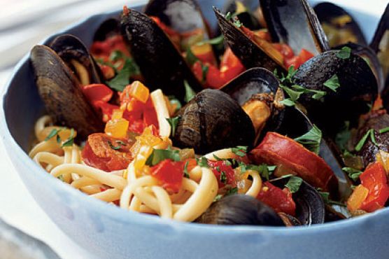 Chorizo-Mussel Noodle Bowl