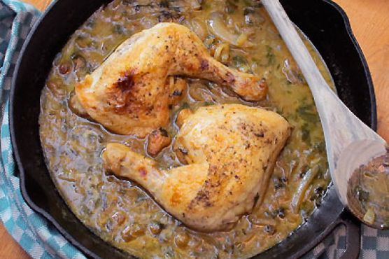 Cider Vinegar Braised Chicken Thighs & Legs with Onions and Raisins