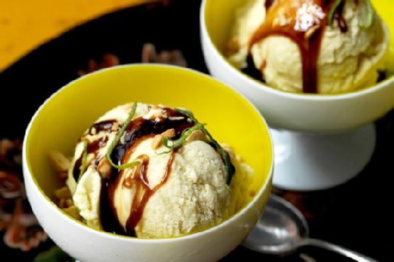Coconut-Corn Ice Cream with Brown-Sugar Syrup and Peanuts