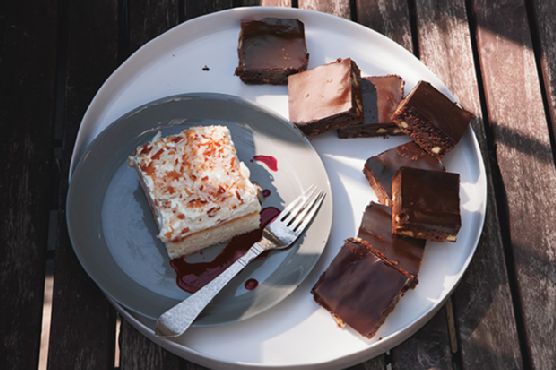 Coconut Sheet Cake with Hibiscus Sauce