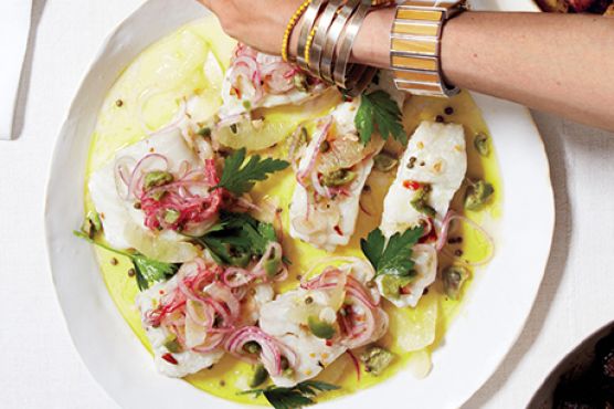 Cod with Lemon, Green Olive, and Onion Relish