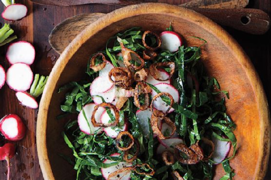 Collard Green and Radish Slaw with Crispy Shallots