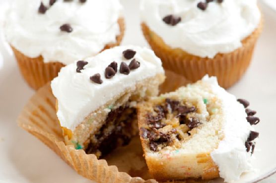Cookie-Stuffed Rainbow Chip Cupcakes